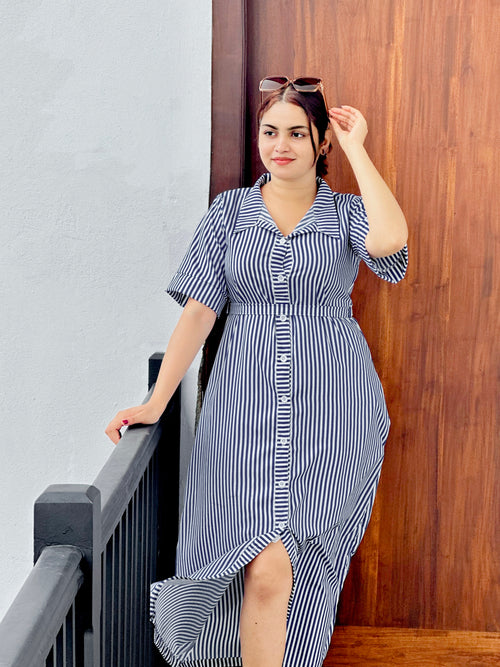 button down long stripe dress