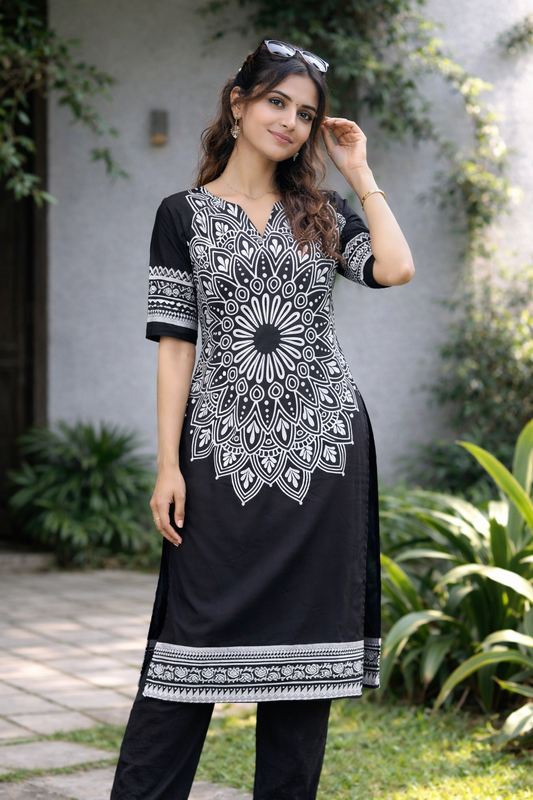 Elegant Black Mandala Print Kurta