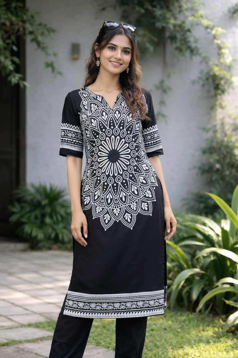 Elegant Black Mandala Print Kurta