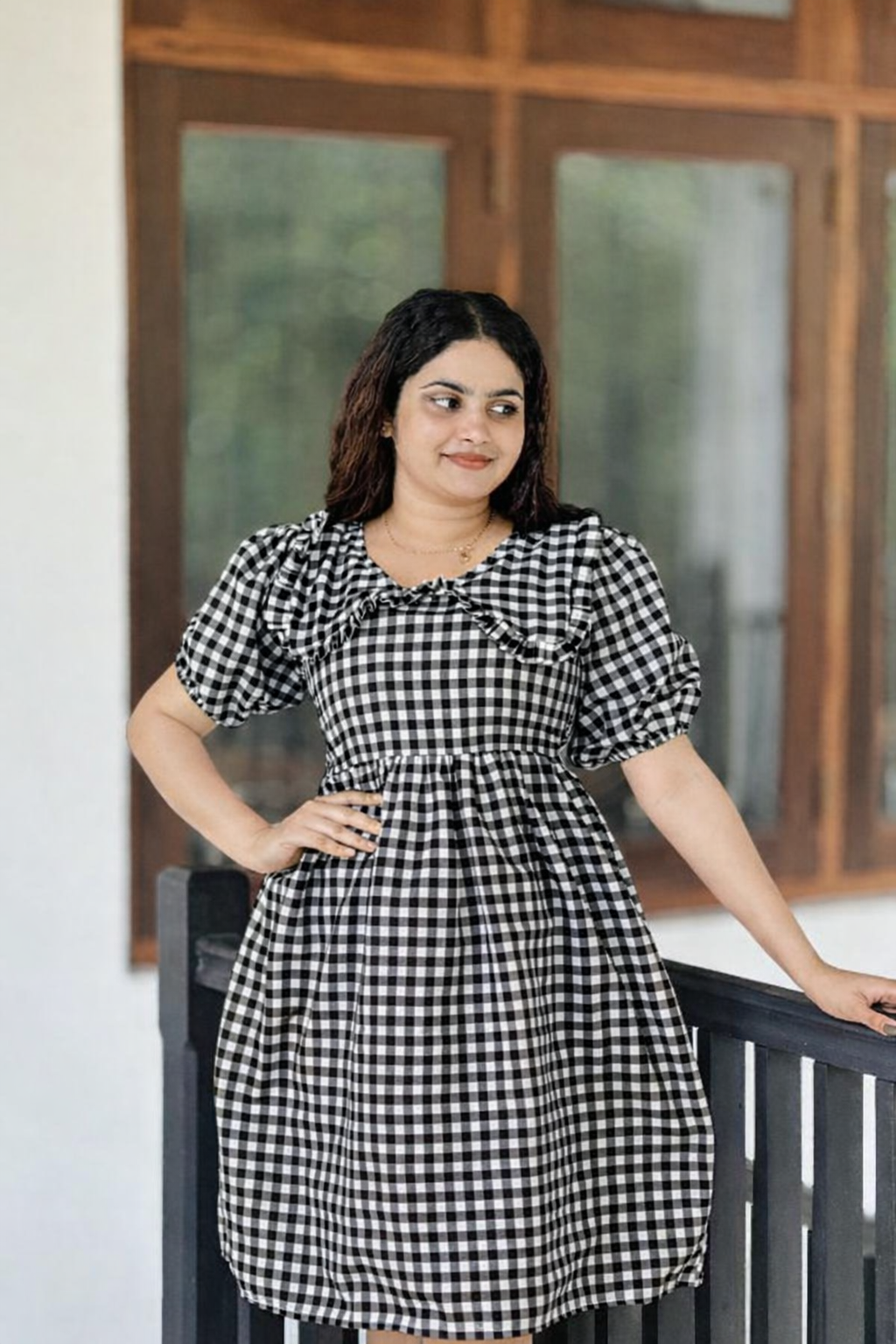 Cherry Picnic Gingham Puff Sleeve Dress