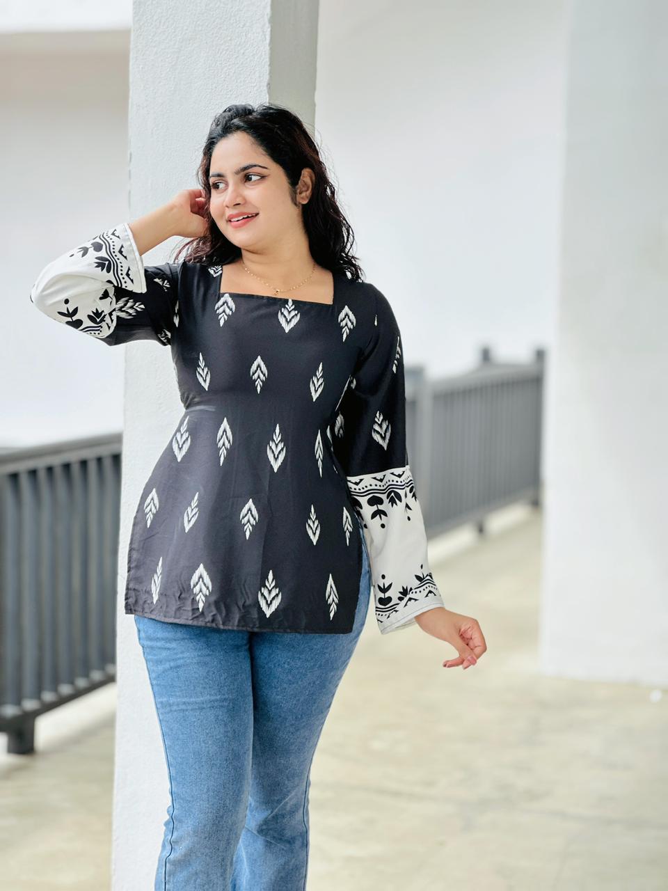 Inkleaf Printed Square-Neck Top