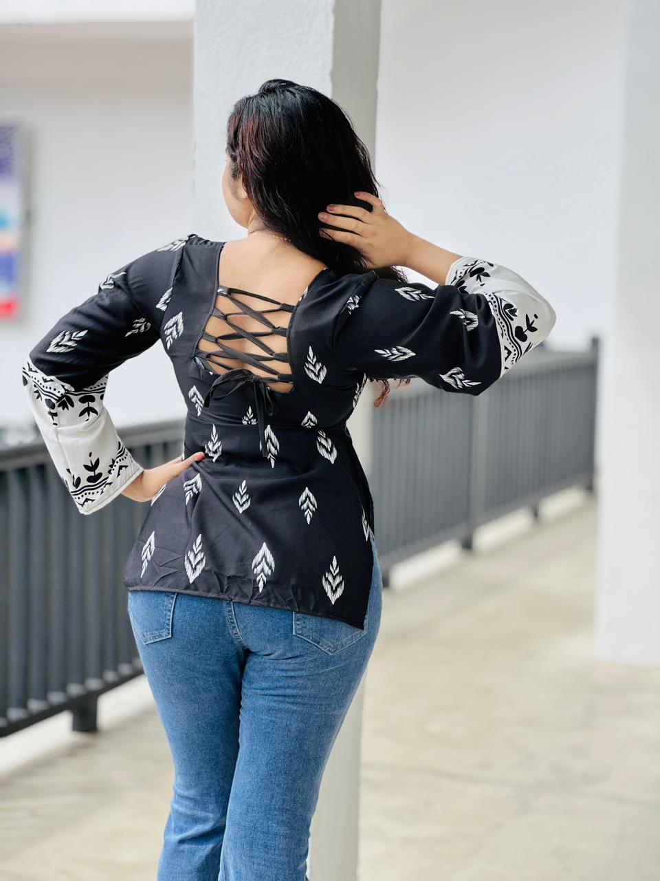 Inkleaf Printed Square-Neck Top