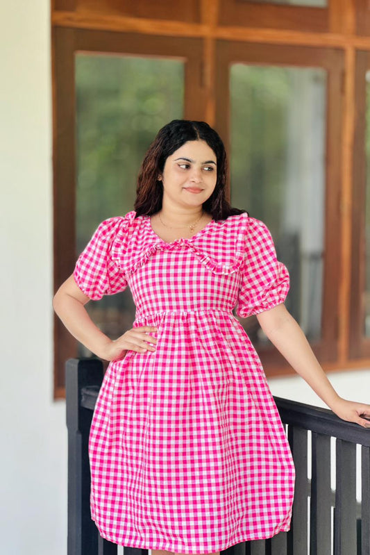 Cherry Picnic Gingham Puff Sleeve Dress