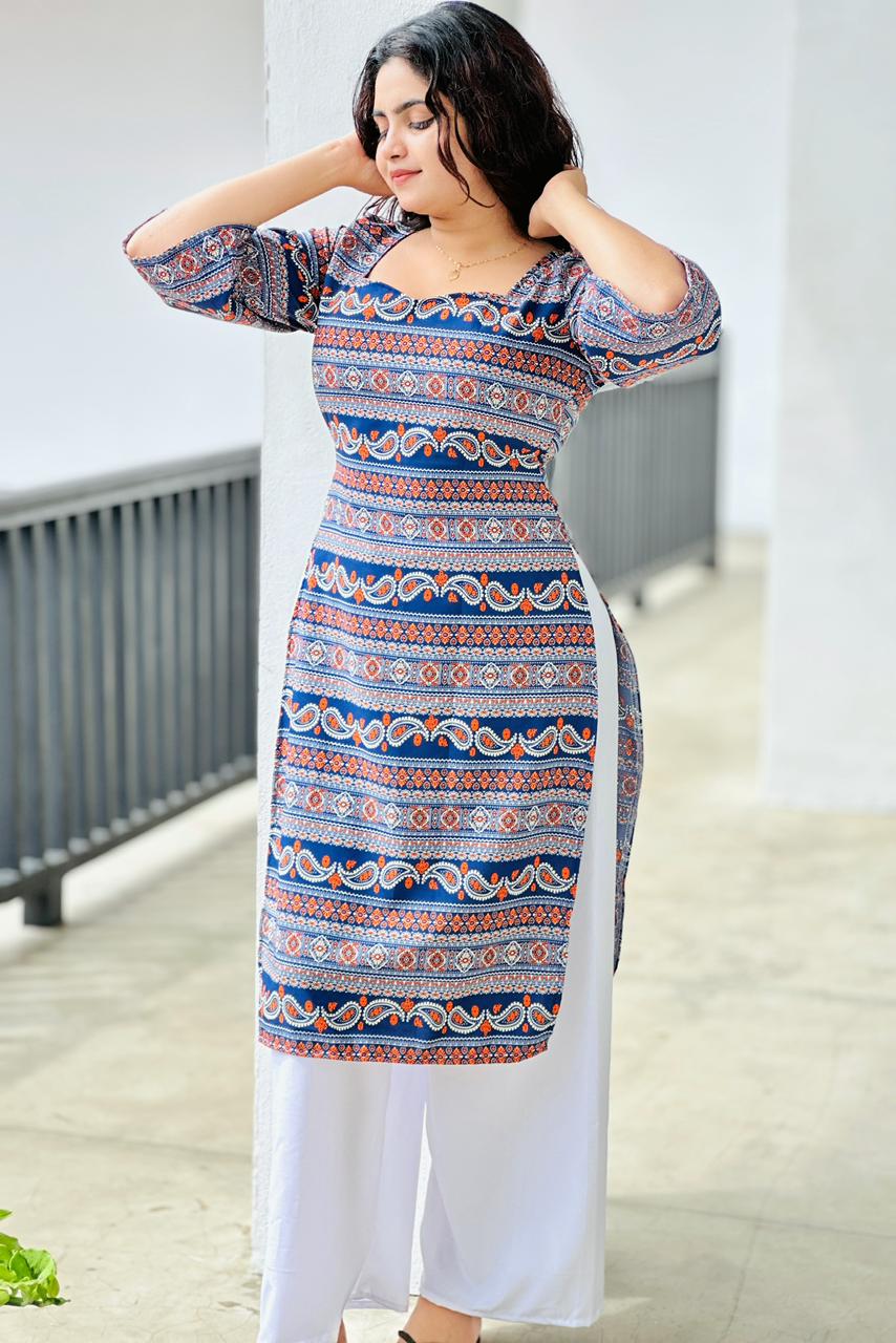 Elegant Ethnic Printed Kurta Top with White Straight Pants