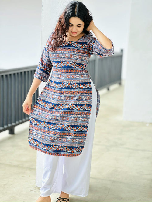 Elegant Ethnic Printed Kurta Top with White Straight Pants