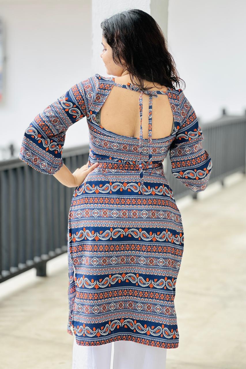 Elegant Ethnic Printed Kurta Top with White Straight Pants