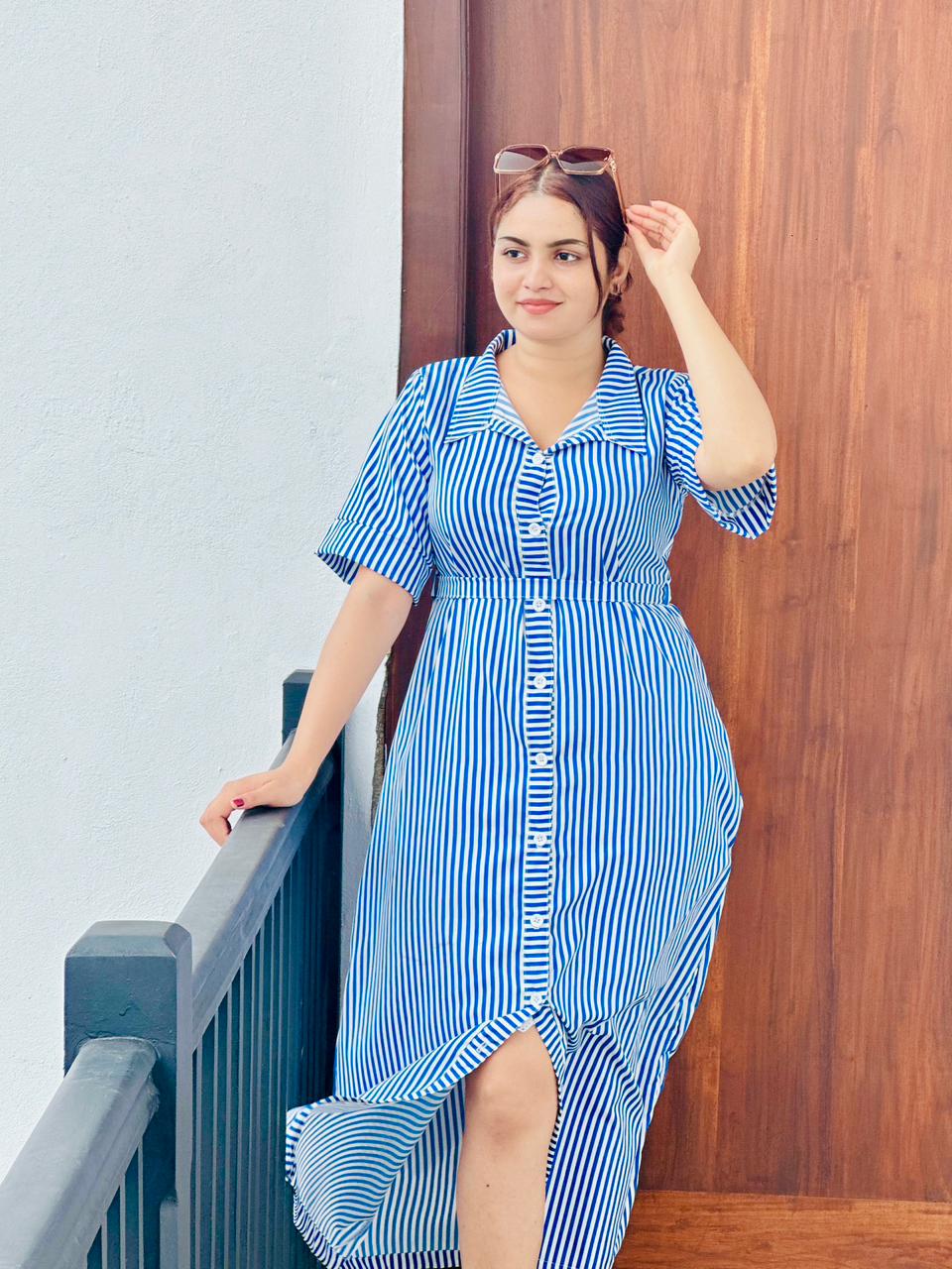 button down long stripe dress