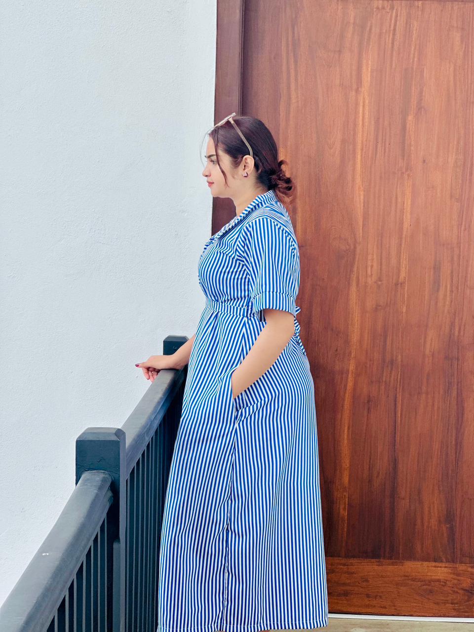 button down long stripe dress