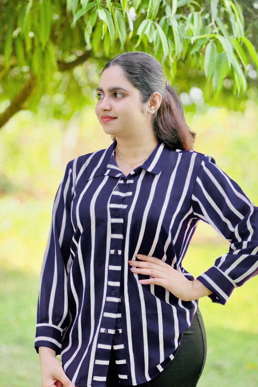 Vertical Stripe Button-Down Shirt Blouse